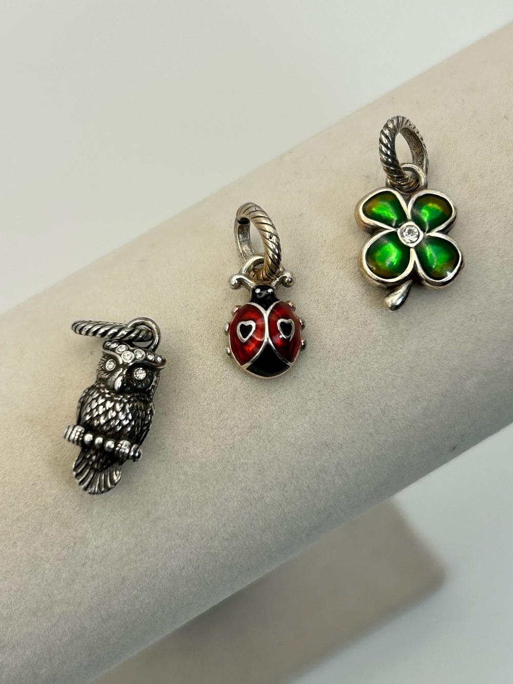 Brighton Nature Charms Qty 3 Owl, Ladybug & Green Clover Silver Plated Enamel